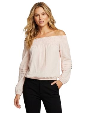 RAMY BROOK $335 Aggie Pink Blush Smocked Neckline Off-Shoulder Long Sleeve Top